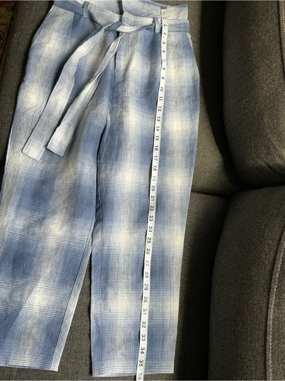 Reformation Blue Plaid High-Waist Paperbag Trousers 100% linen plaid resort wear